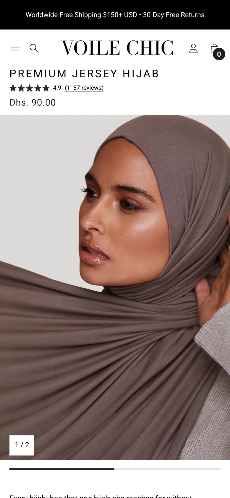 The Premium Jersey Hijab on a phone: a woman in a soft brown hijab, the price and its reviews