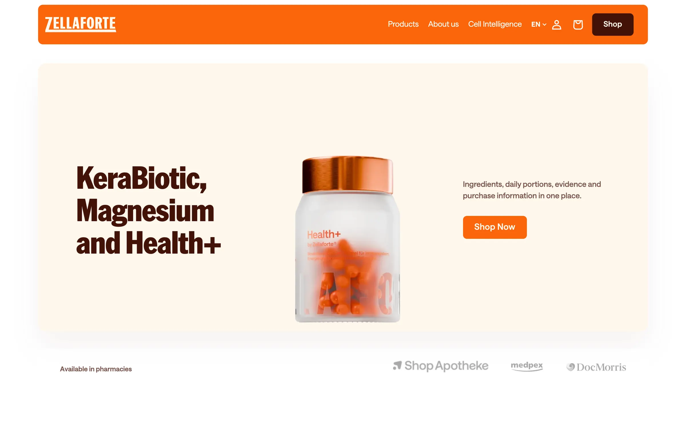 The Zellaforte homepage: KeraBiotic, Magnesium and Health+ beside a jar of orange capsules on cream, a Shop Now button and the pharmacies that stock it