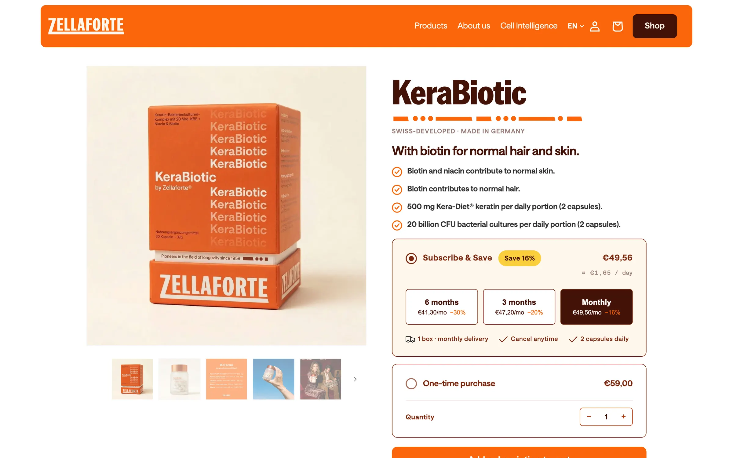 The KeraBiotic product page: the orange box, its benefits, and a subscribe and save choice of plans