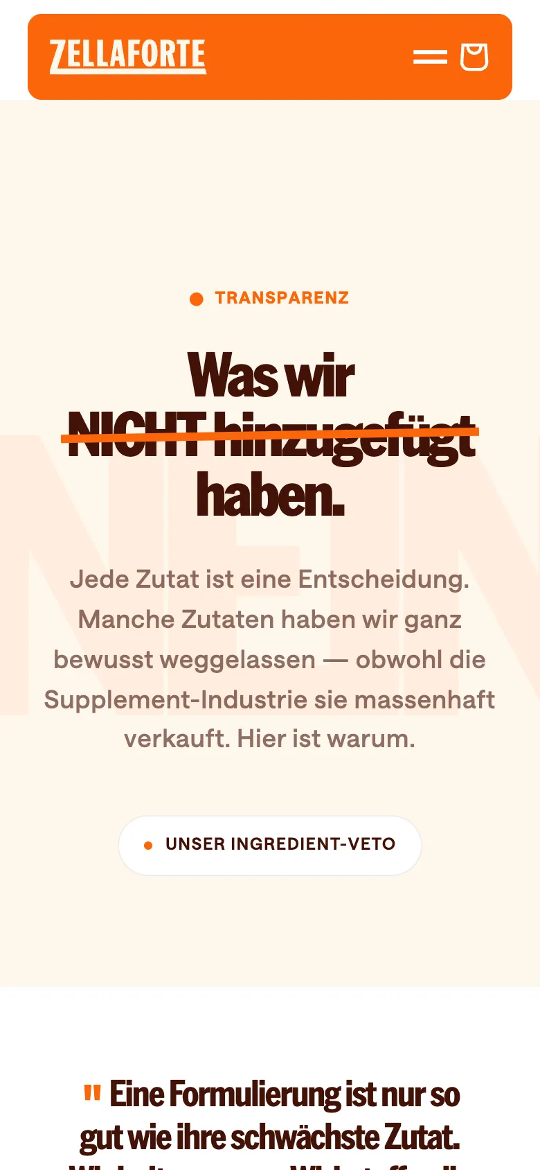 The Keine Kompromisse page on a phone, in German: Was wir NICHT hinzugefügt haben, what they left out of the formula