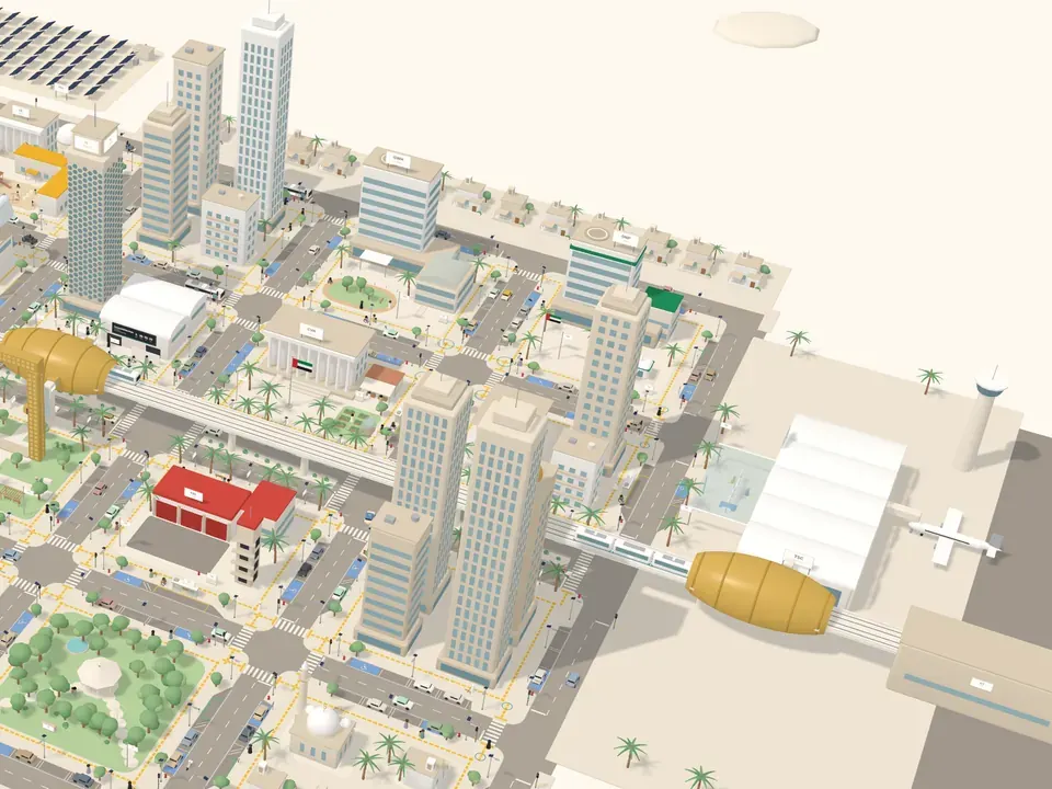 The Heroes’ Academy city in 3D: towers, parks, a metro line and an airport