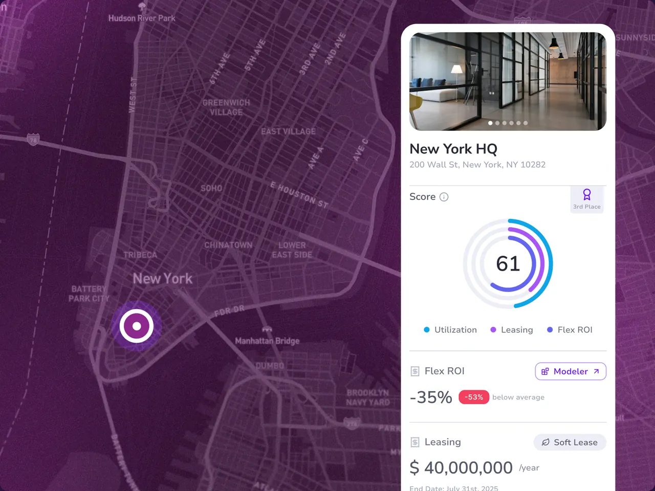 Trebellar’s map of New York with a building card: its photo, a score of 61, flex ROI and leasing cost