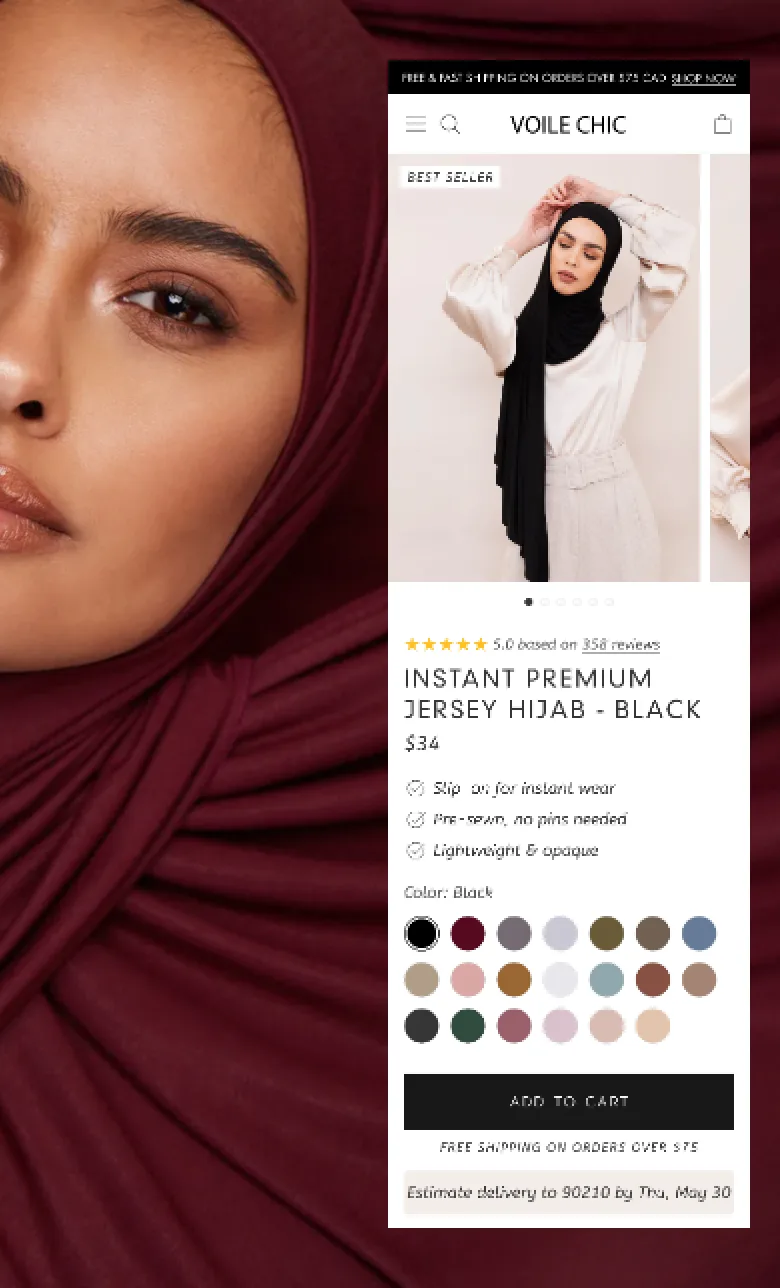 The Voile Chic Shopify store, a product page for a premium jersey hijab, over a photo of a model in a burgundy hijab.