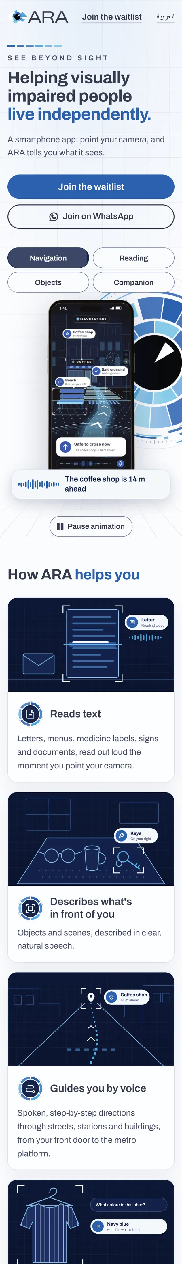 The ARA homepage on a phone